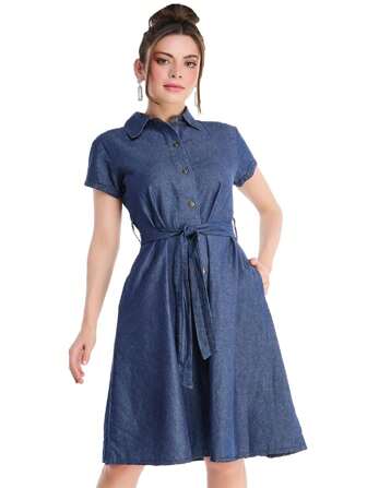 Vestido Devendi Color Azul Oscuro,Mezclilla Ligera,100% Algodón, Cuello Camisero, Botones Ocultos Habilitados