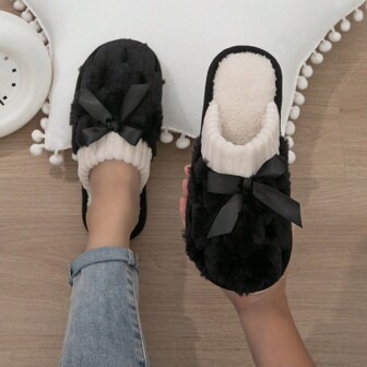 Fluffy Slippers Women, Indoor Home Warm Bowknot Slip-On Slides
