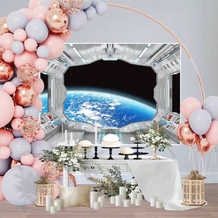 Fondo de interior de nave espacial, backdrops de fotografía futurista de ciencia ficción de la cabina de la nave espacial, utilería de estudio para sesión de fotografía, astronomía, universo, galaxia, estación espacial en el espacio exterior/1 pieza/Vinilo - Multicolor - Añade 5