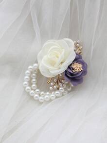 1pc Violet Elastic Pearl Chain Wrist Flower, Bridesmaid, Sister Team, Bridal Accessory, Photography Prop, Party Wrist Flower - Violet Purple - View 2