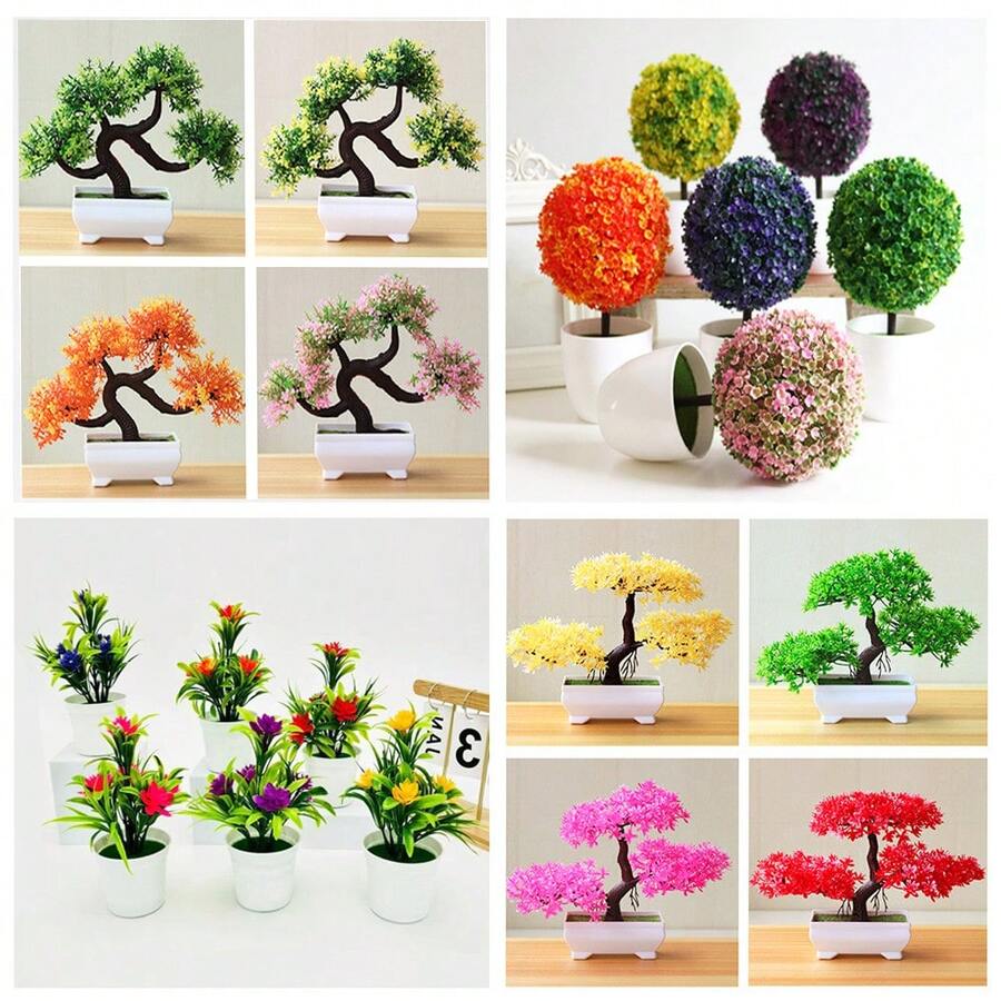 人工植物盆栽櫻花、雪球花、松樹、蓮花、雲杉子、山龍鬚樹和蓮花迷你盆景，辦公室家居裝飾創意飾品 - 荷花款 - 查看 1