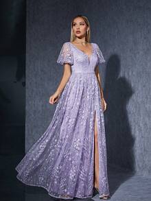 Đầm ren cổ chữ V thêu tay đèn lồng Cao cấp Đầm dạ hội phù dâu có xẻ phía trước - Màu tím - Xem 4