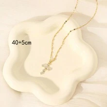 1 件女士时尚金项链，INS 复古金色十字架吊坠项链，个性 CZ 石欧美项链，小众设计钛钢锁骨链 - 金黃色 - 查看 4