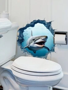 1入組3D鯊魚洞馬桶蓋貼紙，適用於房間、浴室、洗手檯裝飾 - 彩色 - 查看 1