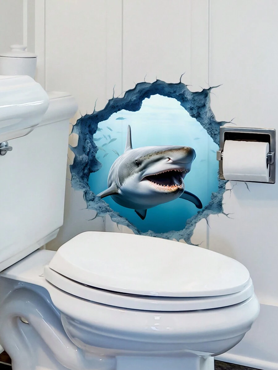 1入組3D鯊魚洞馬桶蓋貼紙，適用於房間、浴室、洗手檯裝飾 - 彩色 - 查看 1