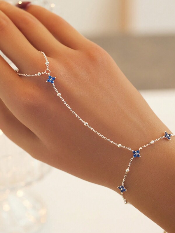 SYMFNY 1 pieza Pulsera de eslabones con anillo de trébol de cuatro hojas de forma simple y de moda en plata de ley 925 con circonita cúbica artificial azul, regalo de San Valentín