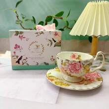 European-Style Exquisite Ceramic Hand-Painted Gold-Edged Coffee Cup And Saucer Gift Set With Floral Design, 180ml - Multicolor - View 7
