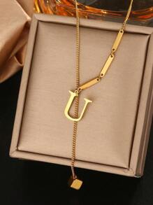 Collar dorado con colgante de borla minimalista de moda con letra de cubo de 26 piezas con estilo europeo y americano INS para mujer, hecho de acero inoxidable con baño de 18K, antidesvanecimiento, adecuado para uso diario y de festival en verano