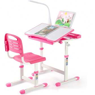 Kinderbureau- en stoelenset, in hoogte verstelbare kinderbureaustoel, studentenbureau, bureau- en stoelenset, jeugdbureau multifunctioneel met stoel, lamp en leesstandaard