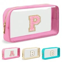 Geantă de machiaj cu scrisoare inițială personalizată, transparentă, cu plasture de chenille A-Z, geantă cosmetică din nailon Preppy cu fermoar, omologat TSA, transparentă, impermeabilă, pentru toaletă, pentru femei, fete, organizator pentru machiaj.