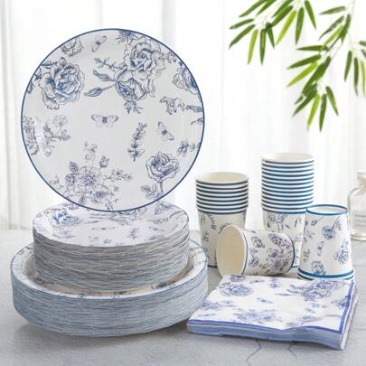 一次性青花瓷花艺派对用品，中式花卉印花纸质甜点盘、杯子和餐巾，青花瓷盘适合新娘送礼会、婚礼派对、茶会和装饰。