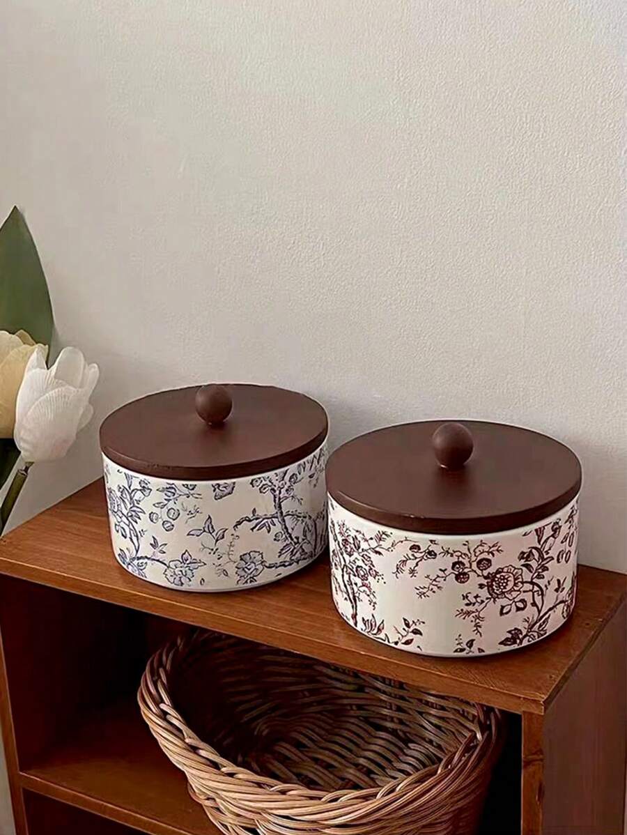 1pc French Vintage Style Ceramic Floral Tea Storage Jar & Sugar Canister, Kitchen Ceramic Wooden Lid Decorative Container - Multicolor - View 1