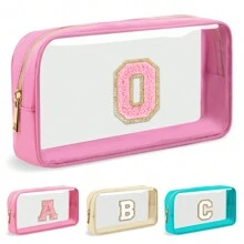Geantă de machiaj cu scrisoare inițială personalizată, transparentă, cu plasture de chenille A-Z, geantă cosmetică din nailon Preppy cu fermoar, omologat TSA, transparentă, impermeabilă, pentru toaletă, pentru femei, fete, organizator pentru machiaj.