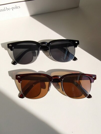 2pcs Men's Vintage Half Rim Square Shaped Plain Fashion Glasses Casual Beach Accessories Glasses Shades Looks Street Style And Suit For Sweater Jacket Sweatshirt Hoodie Leather Pants And Cargo Pants For Summer Beach Vacation,Outdoor,Travel