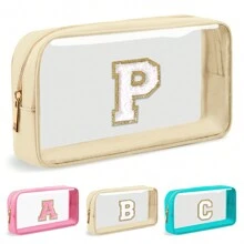 Personalized Initial Letter Clear Makeup Bag, Preppy Small Nylon&PVC Cosmetic Zipper Bag With Chenille Letter, Portable Beach Travel Skincare Toiletry Bag,Fashionable Monogram Gift For Teen Girls Women,Transparent Organizer Pouch For Travel Back To School Bathroom Dorm Essentials For Makeup Tools Makeup Bags Makeup Organizer Make Up Organizer Makeup Storage Make Up Bag - Beige - View 11