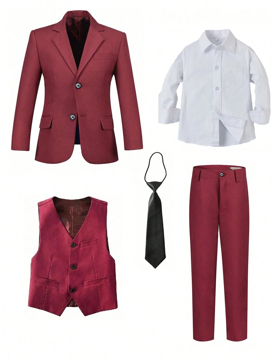 Bộ vest 5 món cho bé trai tuổi mới lớn Bộ vest Tuxedo Trang phục dự tiệc Trang phục người mang nhẫn Áo vest cưới Áo vest Quần Áo sơ mi Cà vạt Bộ vest trang trọng, màu đỏ tía Size 6-16 tuổi - Màu Đỏ Sâu - Xem 1