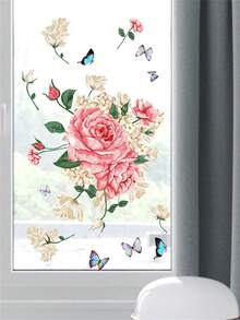 1 pieza calcomanía de ventana de vidrio estático con diseño de flores y mariposas - Multicolor - Ver 4