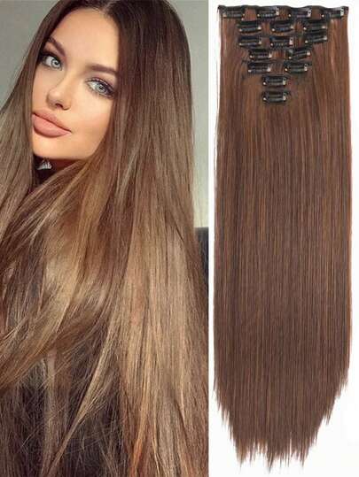 7 piezas/set Extensiones de cabello de 16 clips, cabello negro largo y recto, peluca de cambio natural gradual, fibra resistente al calor, estilo de cabello para mujeres