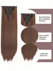 7pcs/Set 16" Clip-In Hair Extensions, Black Straight Long Ombre Synthetic Wigs, Heat Resistant Fiber For Women