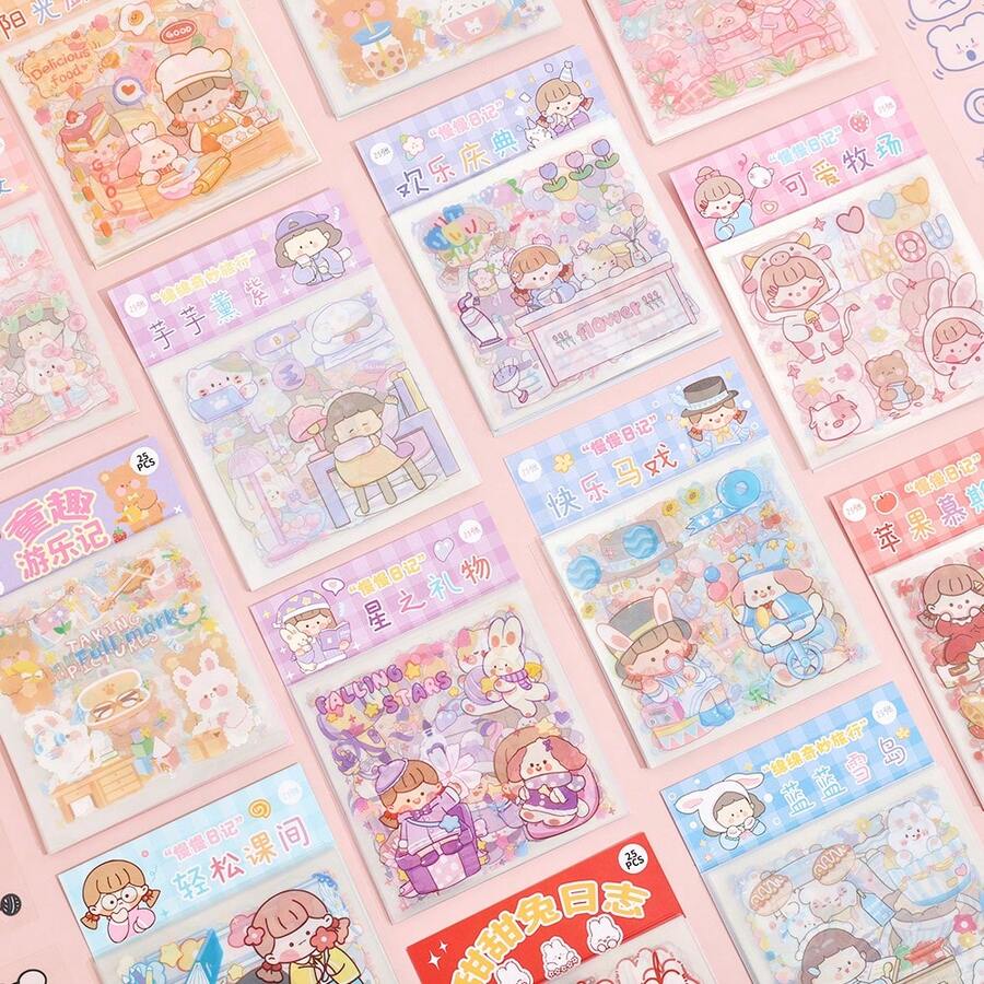 Paquete de 25 hojas de pegatinas de recortes con diseños tiernos de caricaturas, adhesivos de material decorativo impermeable PET para diarios, cuadernos y planificadores DIY - Azul - Ver 1