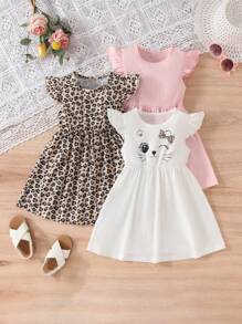 Set de 3 bucăți pentru fete tinere, cu mâneci tip șapcă leopard, cu model de pisică