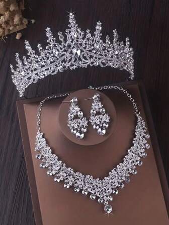 1 套新娘配饰 - 经典优雅的珍珠皇冠、奢华项链和耳环（4 件），新娘礼服婚礼首饰套装，适合婚礼、典礼、派对