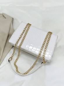 Mini Solid Color Crocodile Pattern Women's Chain Shoulder Bag, Fashionable Crossbody Bag, Handbag - White - View 5