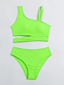Tween Girl Removable Padded Neon Green Two-Piece Swimsuit