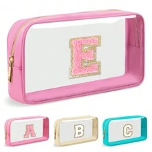 Geantă de machiaj cu scrisoare inițială personalizată, transparentă, cu plasture de chenille A-Z, geantă cosmetică din nailon Preppy cu fermoar, omologat TSA, transparentă, impermeabilă, pentru toaletă, pentru femei, fete, organizator pentru machiaj.