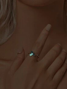 1入S925純銀可愛萤火虫開口戒指，嵌有發光石，夜光效果，鍍白金，可調整尺寸（美國尺碼5至美國尺寸10） - 銀色 - 查看 4