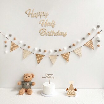 4PCS Non-Woven Happy Half Birthday Decoration With Dot Glue Simple Kahki Series Pre-Strung No DIY Happy Birthday Banner Garland Party Favor,Christmas