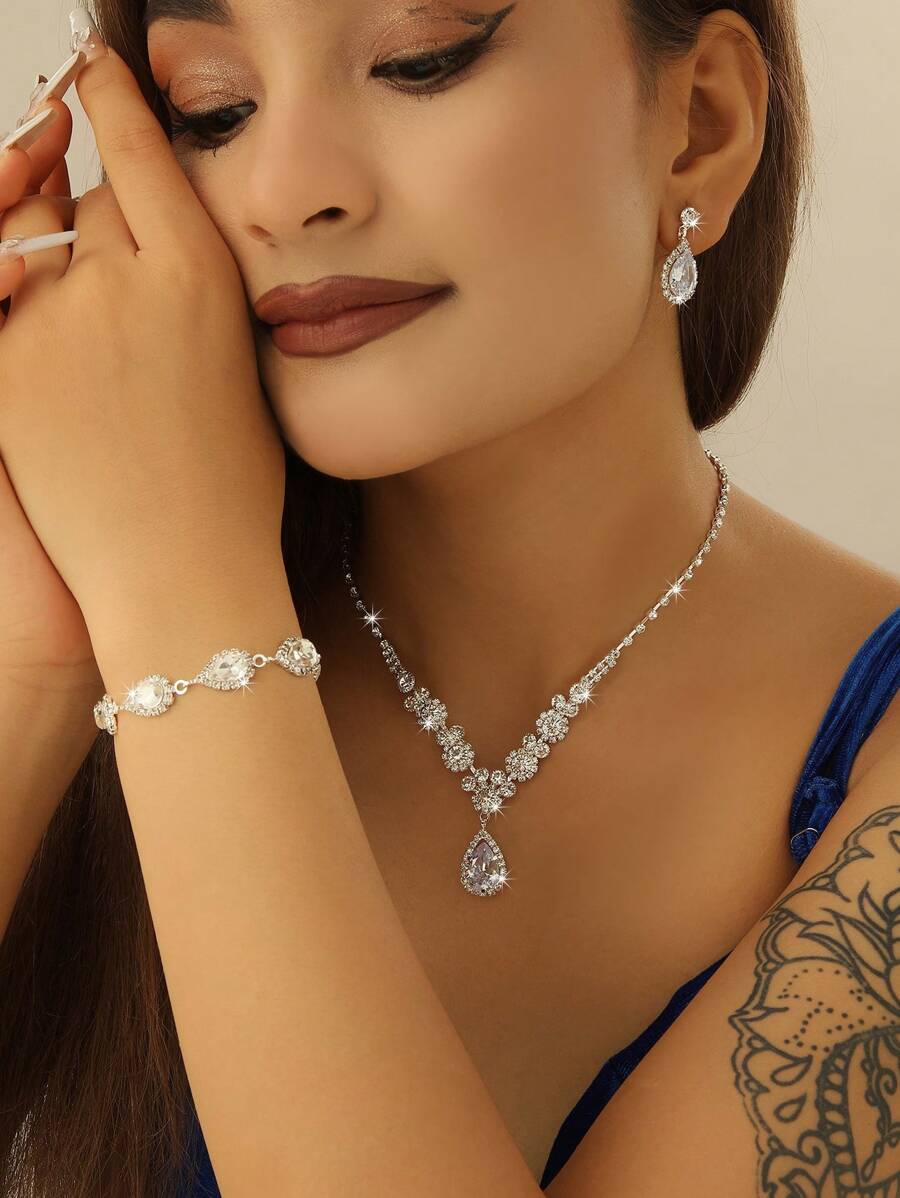 Bộ bông tai vòng cổ pha lê cô dâu bạc Bộ trang sức cưới cho cô dâu Vòng cổ vòng cổ bằng kim cương giả Bộ trang sức trang phục vũ hội cho phụ nữ và bé gái (Bộ 3 món - 2 bông tai và 1 vòng cổ) Tiaras - Bạc - Xem 1