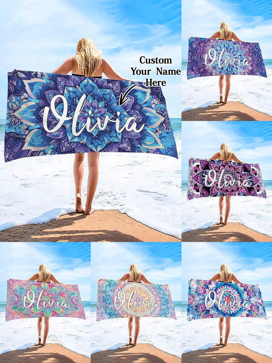 1 pièce Serviette de plage personnalisée avec texte et fleurs, serviette de bain ultra-absorbante, serviette de plage confortable, serviette de piscine à la mode, tapis de yoga raffiné, accessoire de plage, cadeau essentiel pour la fête des mères, les anniversaires, les jours fériés, la fête des pères, les remises de diplômes, les mariages, les pendaisons de crémaillère. Décoration de salle de bain, de salon, de chambre à coucher, accessoires de voyage essentiels, articles de plage essentiels, articles essentiels pour le dortoir - Multicolore - Voir 1