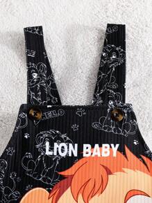 男婴夏季套装，纯色短袖上衣和可爱狮子连体衣，2 件套 - 黑色 - 查看 9