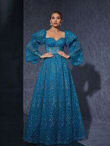 Strapless Embroidered Lace Lantern Sleeve High-End Evening Dress - Blue - View 3