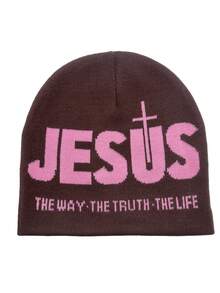 1 pièce Bonnet de hip-hop 'JESUS' Unisexe, un chapeau de tricot froid à la mode Y2k pour homme et femme, chapeau chaud et thermique pour l'extérieur, à porter - JUSUS - Voir 7