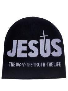 1 pièce Bonnet de hip-hop 'JESUS' Unisexe, un chapeau de tricot froid à la mode Y2k pour homme et femme, chapeau chaud et thermique pour l'extérieur, à porter - JUSUS - Voir 4