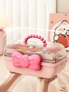 1入組蝴蝶結髮飾收納盒，可愛的兒童髮夾、髮針、珠寶和化妝品桌面整理盒，防塵設計 - 粉色 - 查看 2