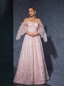 Open Shoulder Embroidery Mesh Ruffle Neck Sleeveless High-End Evening Dress/Bridesmaid Dress - Pink - View 2