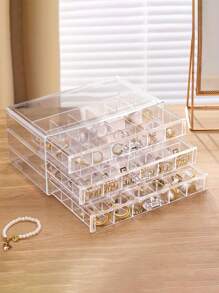 1pc 72 Grid Jewelry Drawer Storage Box, Clear Acrylic Jewelry Organizer For Earrings, Necklaces, Rings, Modern Style, With Dividers, Plastic Lockable Jewelry Box, Suitable For Travel, Desktop, Women's Jewelry Storage, Elegant 72-Slot Jewelry Organizer: Three-Layer Drawer Storage Box, Classified Accessory Stand - Clear And Space-Saving