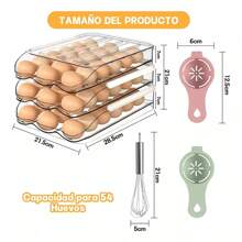 MOLOLAN Kit De Caja Contenedor Organizador Porta 54 Huevos Huevera,Caja de Huevos Rodante Automática 2/3 Pisos + 2 Separadores de Clara + 1 Batidor de Acero Inoxidable | Organizador de Huevos PET Alimentario Sin BPA | Diseño Apilable & Inclinación 7° (Auto-Desplazamiento) | Multiuso para Huevos/Verduras/Frutas/Cosméticos | Ideal para Cocina y Nevera de Hogar Mexicano - 3 capas - Ver 4