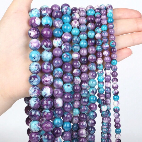 خرز حجر طبيعي بحجم 4-12 ملم عبارة عن حبل واحد فضفاض مع الفراغات الدائرية الحجرية بنوع الأمطار البنفسجية المستديرة المستخدم في صنع المجوهرات يدويًا لتصنيع إكسسوارات الأساور والعقود بطول 15 بوصة
