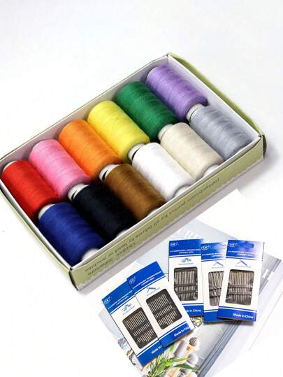 24pcs/Set 12 Color Sewing Thread With 12pcs Gold Tail Embroidery Needles For Sewing