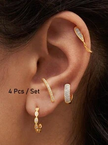 4 Pcs Gold Color Cubic Zirconia Chain Stud Earrings For Women Exquisite Zirconia Piercing Hoop Earrings Set Fashion Jewelry
