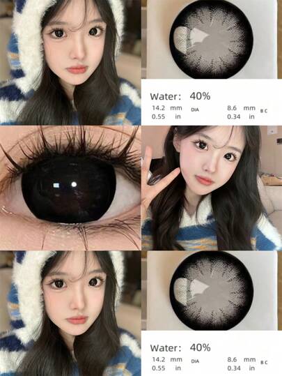 A Pair Of Black Contact Lenses, Classic And Versatile, Comfortable In Any Scene, With A Black Base Arc Of 8.6mm And A Water Content Of 38%. The Diameter Of The Lens Is 14.5 Millimeters, And The Material Of The Lens Is Hema. For Women And Girls, They Are Essential Items For Beach Play, Makeup, Travel, Photography, And Dating Halloween Costume Cosplay