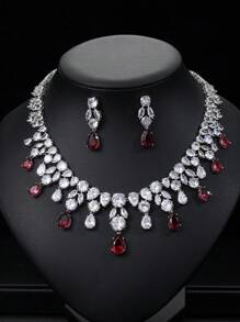 1 set/3 pièces Collier et boucles d'oreilles en zircone cubique de cuivre de mode européenne et américaine pour mariage ou soirée, bijoux haut de gamme avec décoration en goutte d'eau pour vêtements festivaliers femmes