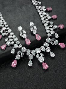1 set/3 pièces Collier et boucles d'oreilles en zircone cubique de cuivre de mode européenne et américaine pour mariage ou soirée, bijoux haut de gamme avec décoration en goutte d'eau pour vêtements festivaliers femmes
