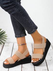 Women's High-Heel Slippers, Stylish Thick-Sole Wedge Heel Beach Sandals For Summer Outdoors - Dark Khaki - View 3