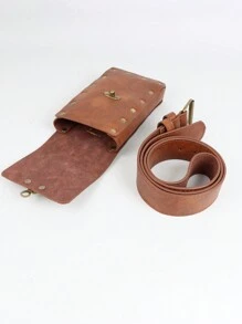 1 Set Medieval Vintage Waist Bag, Phone Case, Belt, Wallet, Pocket, Casual Hiking Travel Festival Renaissance Fair Costume Prop Travel Wallet (Brown), Suitable For Halloween - Brown - View 4