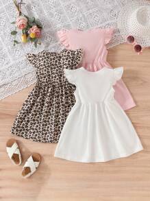 Set de 3 bucăți pentru fete tinere, cu mâneci tip șapcă leopard, cu model de pisică